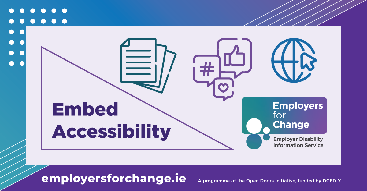 Triangular Embed Accessibility logo in purple. Icon graphics of a set of documents, social media elements and global internet. Employers for change logo and website