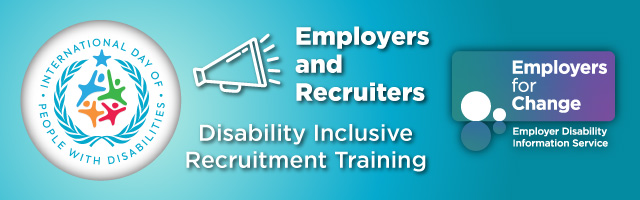 Blue gradient background with logo for International Day of People with Disabilities in white circle. White icon of megaphone. Employers and Recruiters. Disability Inclusive Recruitment Training. Thursday 1st December at 10am. Join us on Zoom. Employers for Change logo. employersforchange.ie. A Project of The Open Doors Initiative. Funded by Department of Children, Equality, Disability, Integration and Youth. 